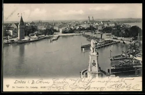 AK Lindau i. B., Hafeneinfahrt mit Löwendenkmal