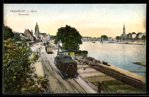 AK Frankfurt a. Main, Mainpartie mit Gleisanlagen u. Stadtpanorama