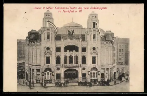 AK Frankfurt a. M., Circus & Albert Schumann-Theater auf dem Bahnhofplatz, Ansicht aus der Vogelschau