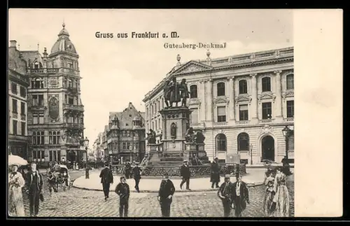 AK Frankfurt a. M., Gutenberg-Denkmal mit Strasse