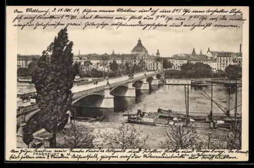 AK Frankfurt a. M., An der Untermainbrücke, Dom, Schiffe am Mainufer