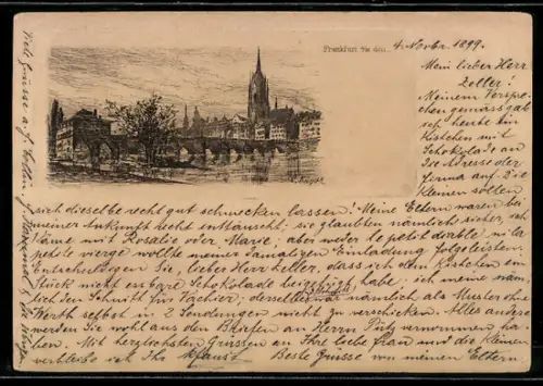 Künstler-AK Alt-Frankfurt, Alte Brücke, Dom, Ortsansicht