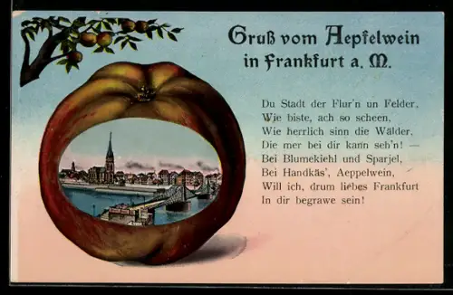 Lithographie Frankfurt a. M., Äpfelwein, Stadtpanorama im Apfel-Passepartout, Gastwirtschaft Gottlieb Walz, Römerberg 24