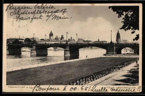 AK Frankfurt a. M., Untere Mainbrücke mit Stadtpanorama