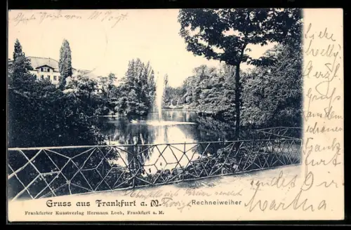 AK Frankfurt a. M., Rechneiweiher mit Blick auf ein Gebäude