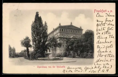 AK Frankfurt a. M., Opernhaus von der Rückseite, mit Brunnen