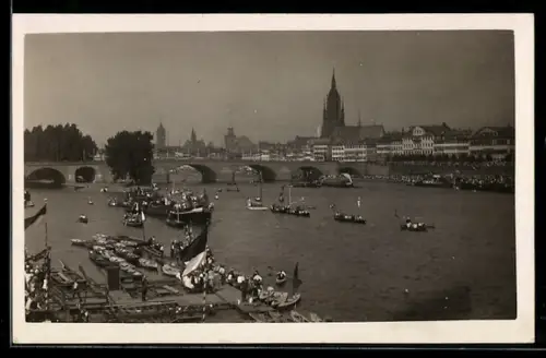 AK Alt-Frankfurt, Mainufer mit Dom und Alte Brücke aus der Vogelschau