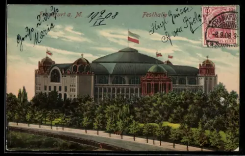 Lithographie Frankfurt-Westend, Festhalle von der Strasse aus