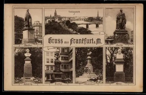 AK Frankfurt a. M., Totalansicht, Schiller-, Goethe-, Lessing-Denkmal