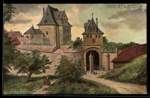 Künstler-AK Frankfurt-Sachsenhausen, Affentor aus der Vogelschau