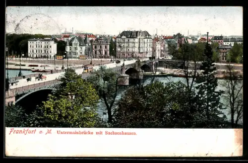 AK Frankfurt a. M., Untermainbrücke mit Sachsenhausen aus der Vogelschau