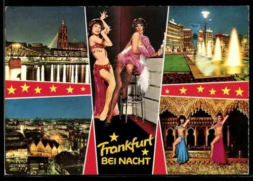 AK Alt-Frankfurt, Nachtansichten, Tänzerinnen, Römer, Dom, Brunnen