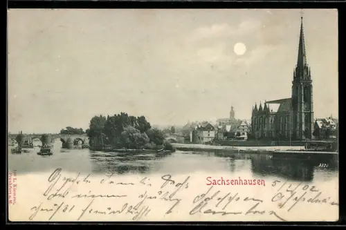 AK Sachsenhausen, Kirche und Mainufer mit Brücke