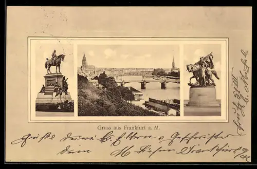 AK Frankfurt a. M., Mainpanorama, Reiterdenkmäler