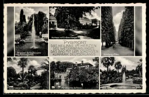 AK Bad Pyrmont, Kurhaus mit Erdbeertempel, Fürstliches Schloss, Bomberg-Allee