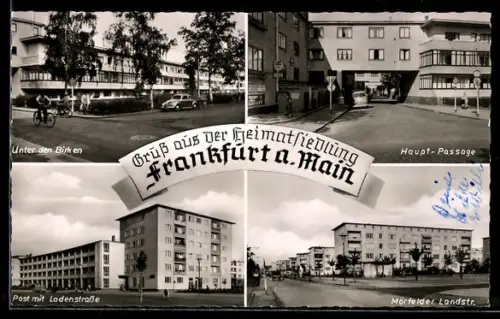 AK Frankfurt-Sachsenhausen, Heimatsiedlung Unter den Birken, Haupt-Passage, Post, Mörfelder Landstrasse