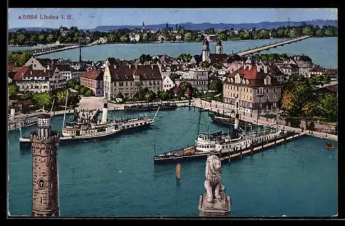 AK Lindau i. B., Dampfschiffe im Hafen, Leuchtturm, Löwenstatue