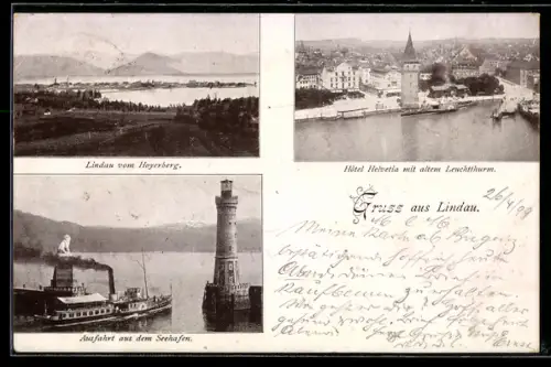 AK Lindau /Bodensee, Hotel Helvetia mit Leuchtturm, Lindau vom Hoyersberg gesehen, Ausfahrt aus dem Seehafen
