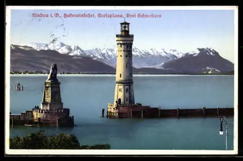 AK Lindau i. B., Hafeneinfahrt mit Leuchtturm und Löwenstatue, Seesalpana, Drei Schwestern