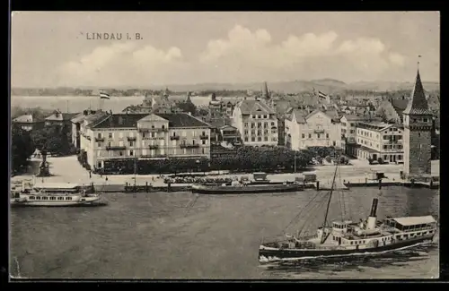 AK Lindau i. B., Hafen mit Dampfschiffen und Mangturm