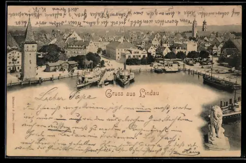 AK Lindau i. B., Hafen mit Mangturm und Löwenstatue