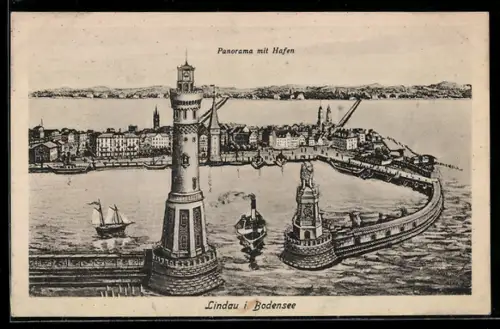 AK Lindau i. Bodensee, Panorama mit Hafen
