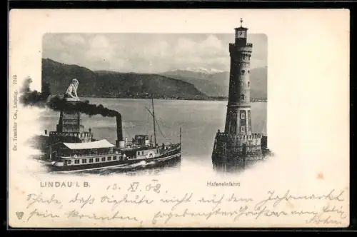 AK Lindau i. B., Hafen, Leuchtturm, Dampfschiff verlässt den Hafen