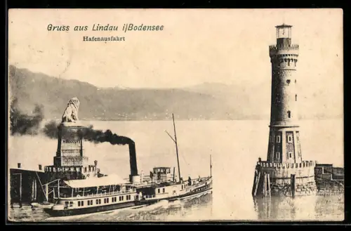 AK Lindau /Bodensee, Dampfschiff an der Hafenausfahrt, Leuchtturm, Löwenstatue
