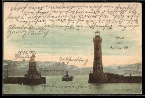 AK Lindau i. B., Dampfschiff an der Hafeneinfahrt, Leuchtturm, Bayerischer Löwe