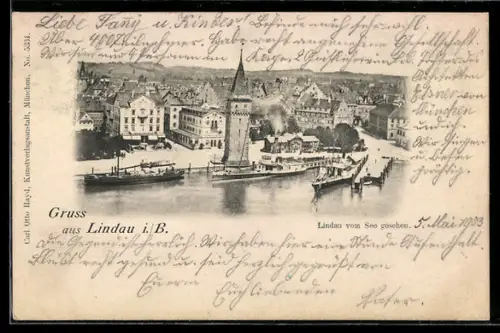 AK Lindau i. B., Hafen mit Mangturm und Dampfschiffen