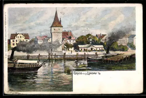 AK Lindau i. B., Hafen mit Mangturm und Dampfschiffen