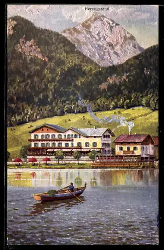 AK Urfeld a. Walchensee, Hotel Fischer am See, Blick zum Herzogstand