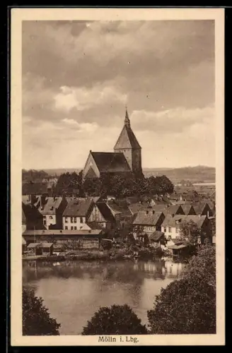 AK Mölln i. Lbg., Stadtansicht mit Kirche und See