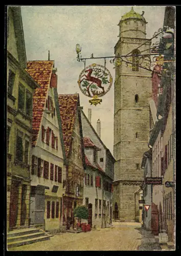 AK Dinkelsbühl, Strassenszene mit Stadtturm