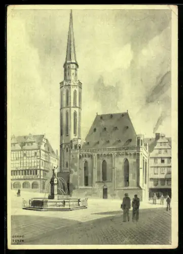 AK Alt-Frankfurt, St. Nikolai-Kirche, Brunnen, Fachwerkhäuser