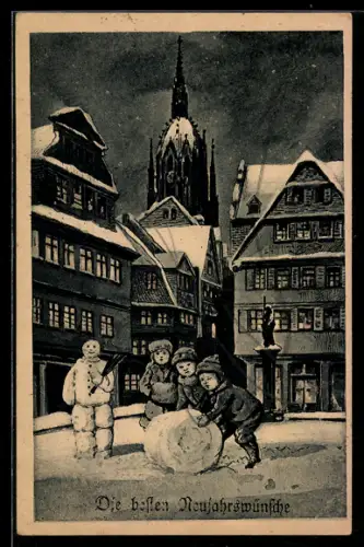 Künstler-AK Alt-Frankfurt, Saalgasse auf dem Römer mit Kindern und Schneemann