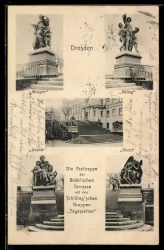 AK Dresden, Freitreppe der Brühl`schen Terrasse mit den Schilling`schen Gruppen Tageszeiten, Morgen, Mittag, Abend