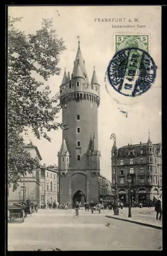 AK Frankfurt a. M., Eschenheimer Turm mit Strassenbahn