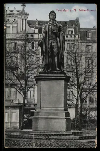 AK Frankfurt a. M., Schiller-Denkmal mit Geschäften
