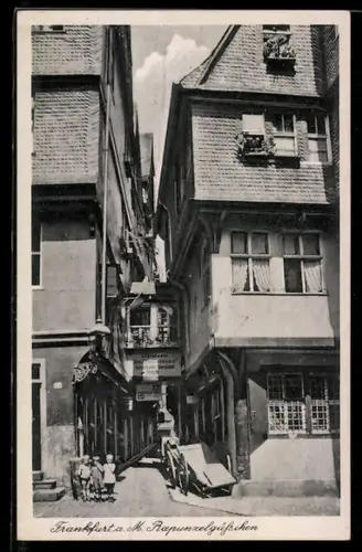 AK Alt-Frankfurt, Rapunzelgässchen mit Geschäften