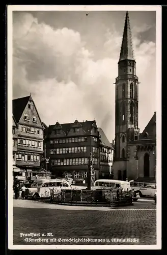 AK Alt-Frankfurt, Römerberg mit Gerechtigkeitsbrunnen und Nikolaikirche