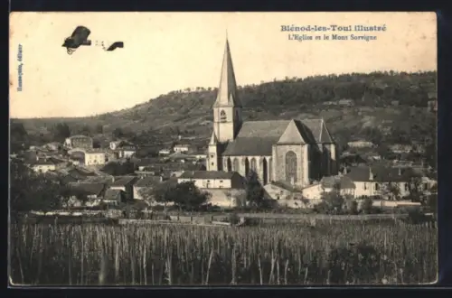 AK Blénod-les-Toul, L`Eglise et le Mont Sorvigne, aéroplane