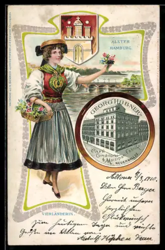Lithographie Hamburg-Neustadt, Georg Hübner`s Café und Marzipanfabrik, Neuerwall 22, Dame in Tracht, Wappen