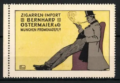 Künstler-Reklamemarke Johann Peter Werth, München, Zigarren-Import Bernhard Ostermaier & Co, rauchender Herr im Sessel