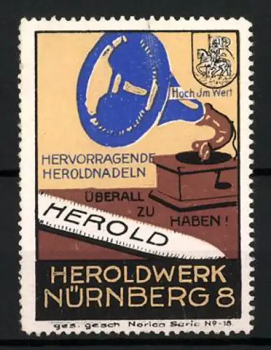 Reklamemarke Nürnberg, Heroldwerk Hervorragende Grammophon-Heroldnadeln, Grammophon