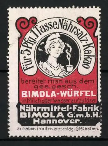 Reklamemarke Hannover, Bimola-Würfel, Frau mit Tasse Kakao