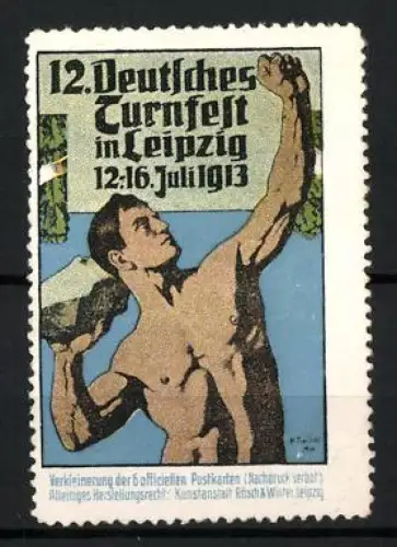 Reklamemarke Leipzig, 12. Deutsches Turnfest 1913, athletischer Männerakt mit Felsblock