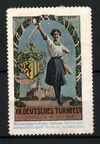 Reklamemarke Leipzig, XII. Deutsches Turnfest, Sportlerin mit Kegeln und Wappen