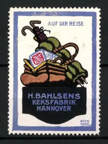 Künstler-Reklamemarke Lucian Bernhard, Hannover, H. Bahlsens Keksfabrik, Koffer und Kekse