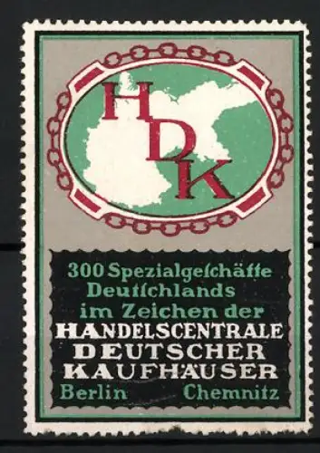 Reklamemarke Berlin & Chemnitz, Handelscentrale Deutscher Kaufhäuser, Deutschlandkarte